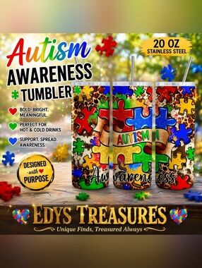 1 Autism Awareness Tumbler With Straw | Puzzle Piece Insulated Cup 20 oz NEW